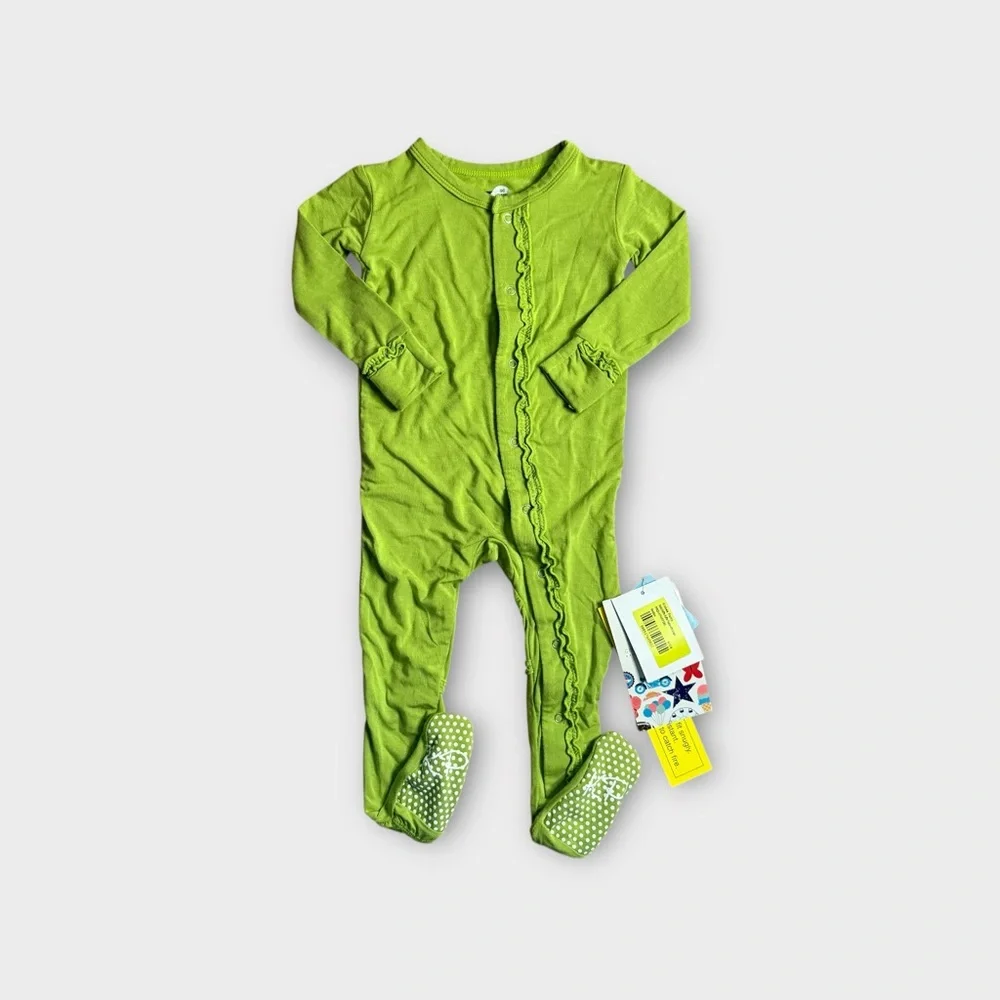 Kickee Pants Solid Muffin Ruffle Green Bamboo Footie With Snaps